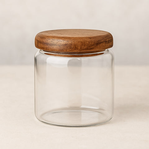Medium 380ml Acacia glass storage jar with wooden lid for tea or flowers