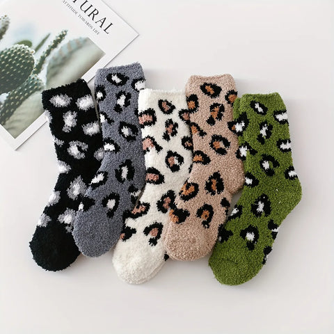 Leopard Fuzzy Plush Socks Women