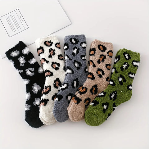 Leopard Fuzzy Plush Socks Women
