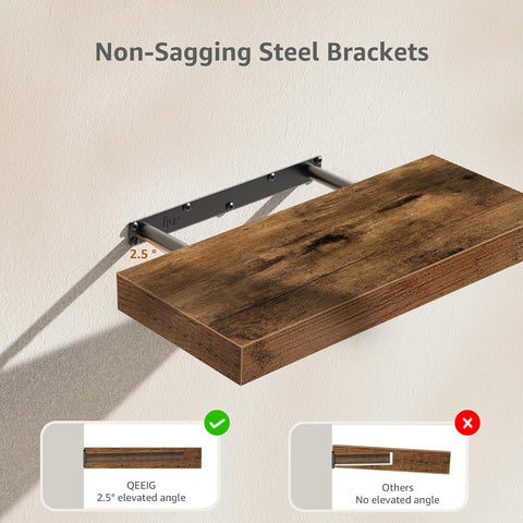Floating shelf with anti-sag steel brackets and angled support
