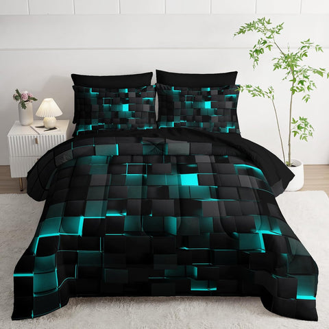 Black and teal checkered comforter set on a bed in a bedroom setting.
