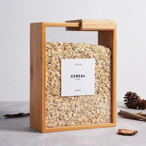Cereal filled bamboo container with minimal label
