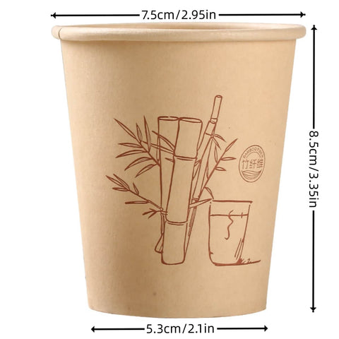 Beige paper cup with bamboo design and measurements on a white background