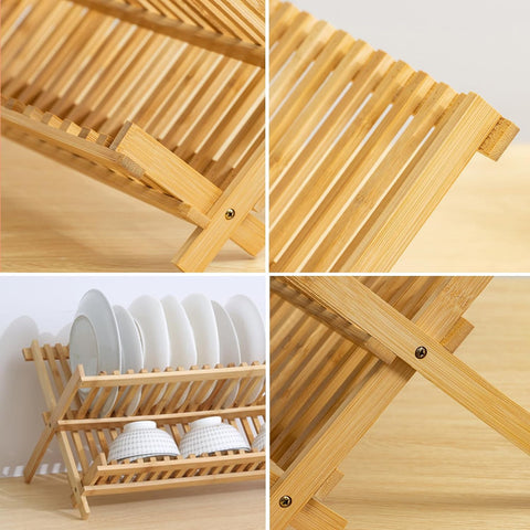 Close-up details of bamboo dish rack joints and slats