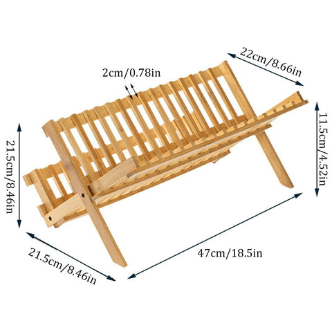 Bamboo dish rack with dimensions in cm and inches