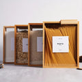 Vertical bamboo containers organized by food type
