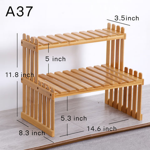 Size diagram of bamboo kitchen rack showing width, depth, and height in inches