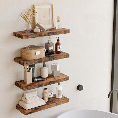 Wooden shelves in a bathroom with various items on them.