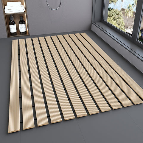 Beige quick-dry shower mat in bathroom setup with shelving
