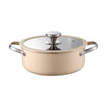 Low wide cooking pot with dual handles and glass lid