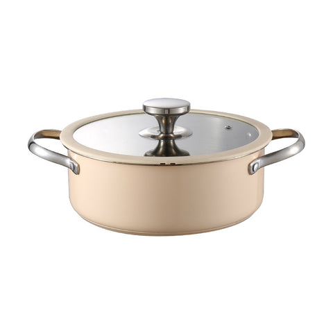 Low wide cooking pot with dual handles and glass lid