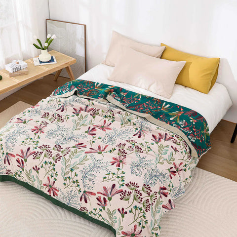 Cotton Gauze Throw Blanket - Reversible Floral Blanket