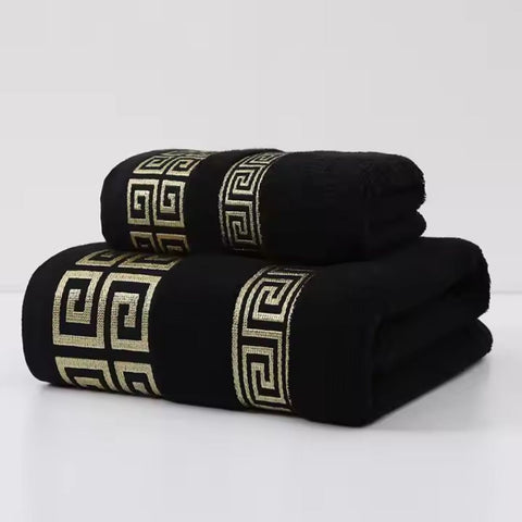 Black towel set with gold Greek embroidery