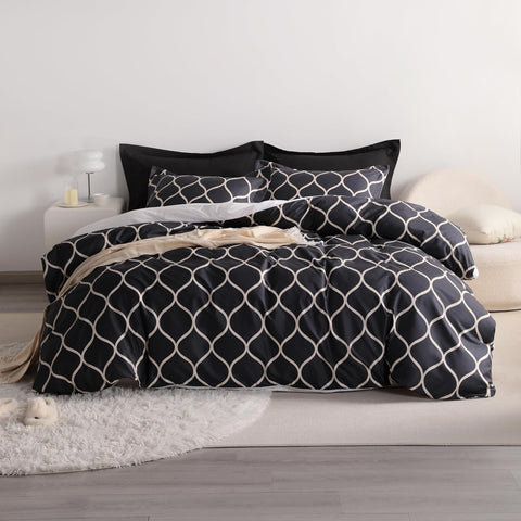 Modern Black and Beige Duvet Cover Set – Reversible Grid Bedding for Bedroom