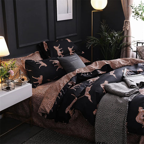 Black duvet cover with leopard print design and matching pillowcases, top angle