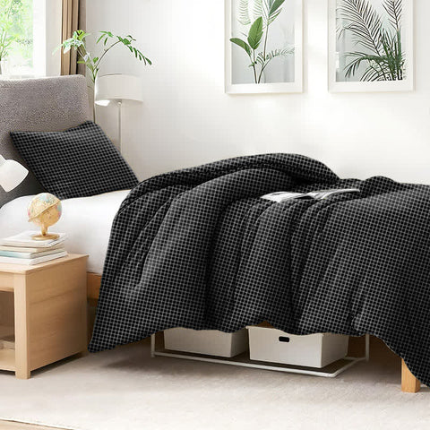Black Textured Comforter Set with Matching Pillows on Light Wood Bed – Dorm Room Bedding for Cozy Sleep