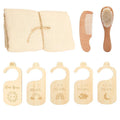 Baby care set with muslin cloth, comb, brush, and growth chart markers on a white background