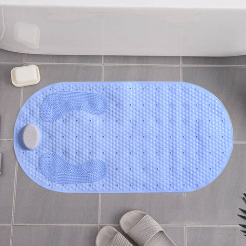Blue foot scrubber shower mat with non-slip surface