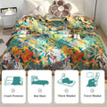 Bohemian floral cotton throw blanket draped on bed with icons showing uses as couch protector, bed sheet, throw blanket, and travel blanket