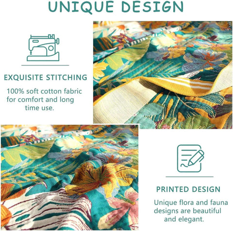 Close-up of bohemian floral cotton throw blanket showing exquisite stitching and unique printed flora and fauna design with vibrant colors and detailed texture
