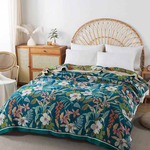 Botanical Floral Reversible Cotton Throw Blanket