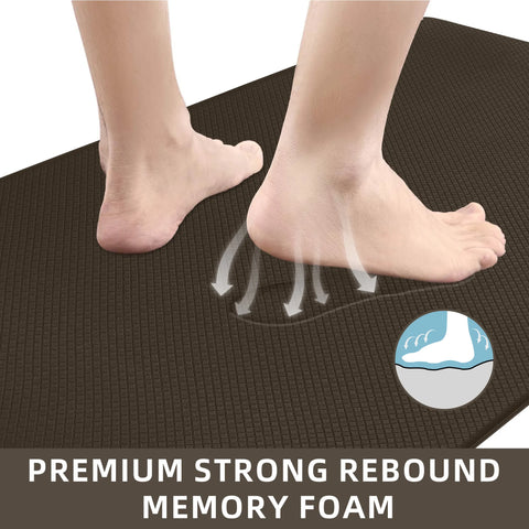 Person standing on a brown mat with text 'Premium Strong Rebound Memory Foam' and a logo.