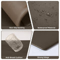 Collage of features including non-slip backing, waterproof material, anti-break cushion, and strong edge on a brown mat.