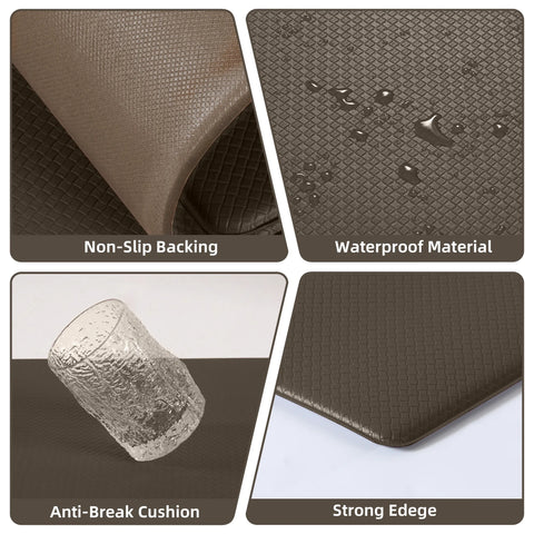Collage of features including non-slip backing, waterproof material, anti-break cushion, and strong edge on a brown mat.