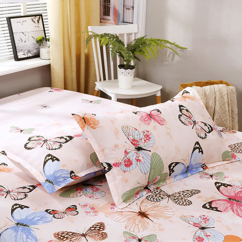 Close-up of butterfly pillowcases and duvet cover with soft fabric