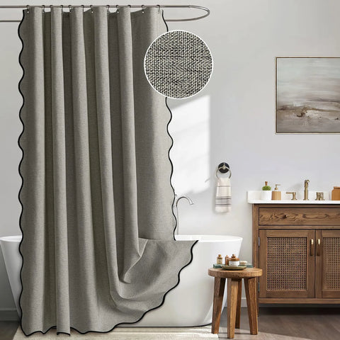 Scalloped Linen Bathroom Shower Curtain