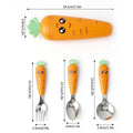 Carrot-shaped cutlery set with measurements on a white background