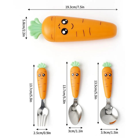 Carrot-shaped cutlery set with measurements on a white background