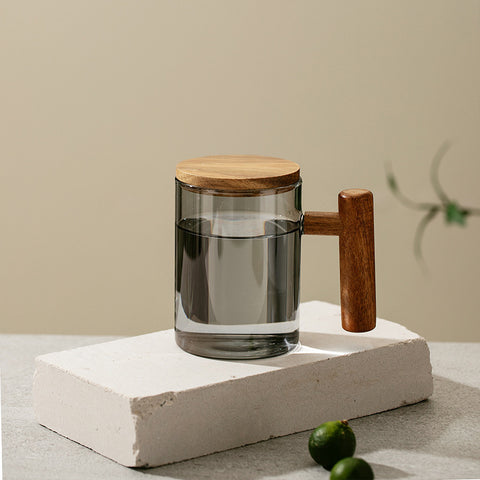 Borosilicate Glass Tea Cup - Wood Handle & Lid