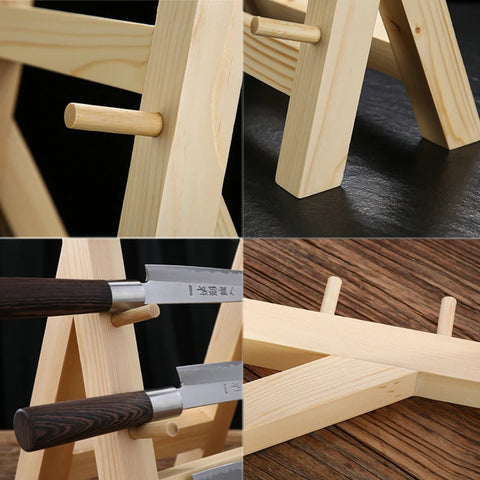 Close-up of wooden knife rack pegs and joinery