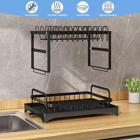 Black dish rack on a kitchen counter with features listed above.