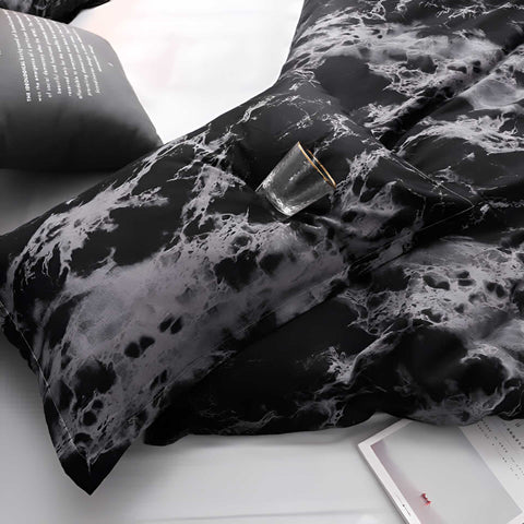 Corner loop design of black marble duvet cover for secure fit