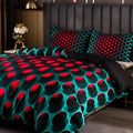 3-piece duvet bedding set with red and teal 3D pattern on bed