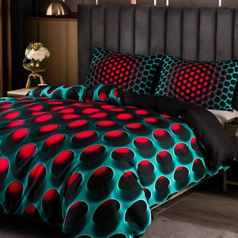 3-piece duvet bedding set with red and teal 3D pattern on bed