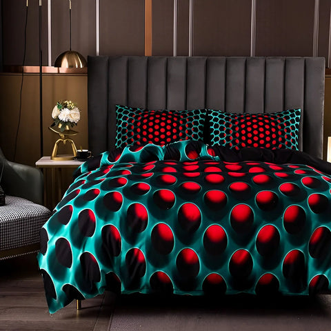 Vibrant cosmic honeycomb duvet cover set in teal and red on modern bed