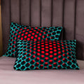 Red and teal honeycomb pillowcases with bold 3D design


