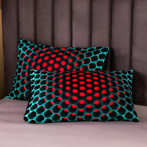 Red and teal honeycomb pillowcases with bold 3D design


