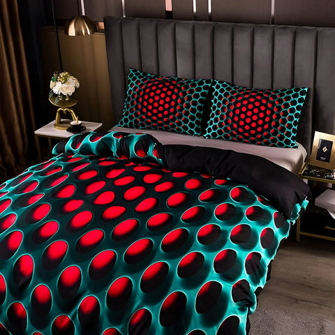 Side view of cosmic duvet bedding set in bold red and teal colors