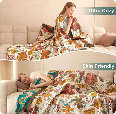 Floral-patterned blanket draped over a person on a couch with text 'Ultra Cozy' and 'Skin Friendly'.