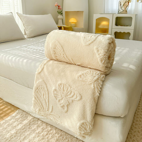 Cream white fleece blanket with embossed butterfly pattern – soft couch throw