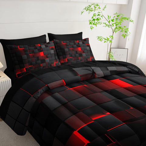 Cyber-themed duvet set in dark tones with glowing red blocks

