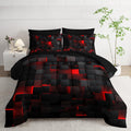 Cyber grid red black duvet cover with pillowcases on modern white bed

