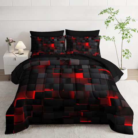 Cyber grid red black duvet cover with pillowcases on modern white bed

