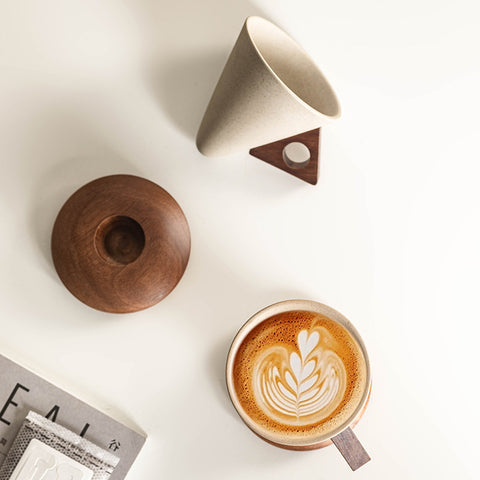 Vintage Ceramic Coffee Cup with Wood Coaster
