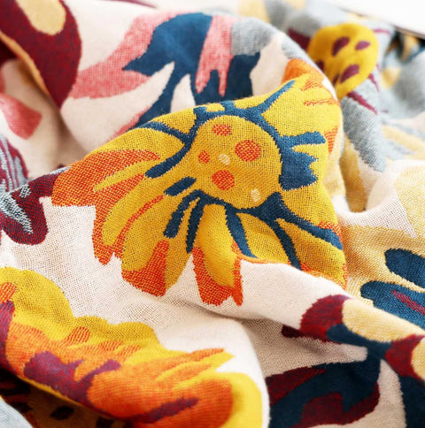 Close-up of Daisy Flower Cotton Blanket fabric showing detailed flower pattern and texture