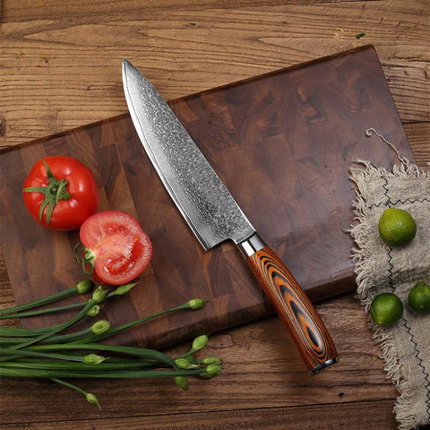 Japanese chef knife with tomatoes and green onions